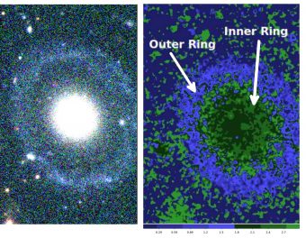 A sinistra, l’immagine in falsi colori della galassia PGC 1000714. A destra, invece, la mappa realizzata con indice di colore B-I dove si vede sia l’anello più esterno (blu) che quello più diffuso e interno (verde chiaro). Crediti: Ryan Beauchemin