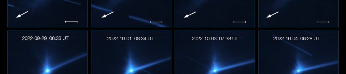 This series of images, taken with the MUSE instrument on ESO’s Very Large Telescope, shows the evolution of the cloud of debris that was ejected when NASA’s DART spacecraft collided with the asteroid Dimorphos. The first image was taken on 26 September 2022, just before the impact, and the last one was taken almost one month later on 25 October. Over this period several structures developed: clumps, spirals, and a long tail of dust pushed away by the Sun’s radiation. The white arrow in each panel marks the direction of the Sun. Dimorphos orbits a larger asteroid called Didymos. The white horizontal bar corresponds to 500 kilometres, but the asteroids are only 1 kilometre apart, so they can’t be discerned in these images. The background streaks seen here are due to the apparent movement of the background stars during the observations while the telescope was tracking the asteroid pair.