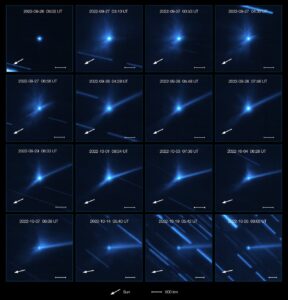 This series of images, taken with the MUSE instrument on ESO’s Very Large Telescope, shows the evolution of the cloud of debris that was ejected when NASA’s DART spacecraft collided with the asteroid Dimorphos. The first image was taken on 26 September 2022, just before the impact, and the last one was taken almost one month later on 25 October. Over this period several structures developed: clumps, spirals, and a long tail of dust pushed away by the Sun’s radiation. The white arrow in each panel marks the direction of the Sun. Dimorphos orbits a larger asteroid called Didymos. The white horizontal bar corresponds to 500 kilometres, but the asteroids are only 1 kilometre apart, so they can’t be discerned in these images. The background streaks seen here are due to the apparent movement of the background stars during the observations while the telescope was tracking the asteroid pair.