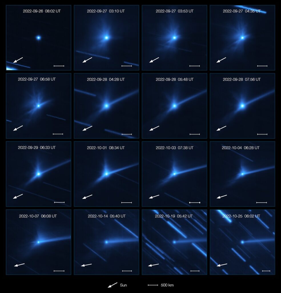 This series of images, taken with the MUSE instrument on ESO’s Very Large Telescope, shows the evolution of the cloud of debris that was ejected when NASA’s DART spacecraft collided with the asteroid Dimorphos. The first image was taken on 26 September 2022, just before the impact, and the last one was taken almost one month later on 25 October. Over this period several structures developed: clumps, spirals, and a long tail of dust pushed away by the Sun’s radiation. The white arrow in each panel marks the direction of the Sun. Dimorphos orbits a larger asteroid called Didymos. The white horizontal bar corresponds to 500 kilometres, but the asteroids are only 1 kilometre apart, so they can’t be discerned in these images. The background streaks seen here are due to the apparent movement of the background stars during the observations while the telescope was tracking the asteroid pair.