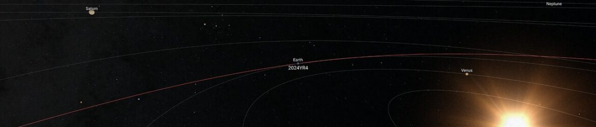 Orbita dell’asteroide 2024 YR24, qui evidenziata in rosso, mentre si avvicina a quella della Terra il 22 dicembre 2032. Grazie ai dati più recenti, tra cui quelli del Very Large Telescope dell’Eso, le ultime stime sulla possibilità di impatto sono minime. Le dimensioni dei pianeti non sono in scala: sono state aumentate per motivi di visibilità. Crediti: Esa