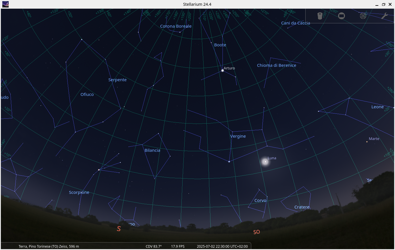 Screenshot stellarium del cielo a Pino Torinese il 2 luglio 2025 h 22:30