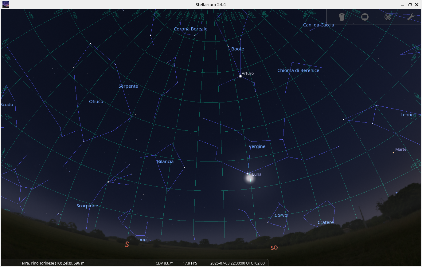screenshot stellarium del cielo a Pino Torinese il 3 luglio 2025 h 22:30