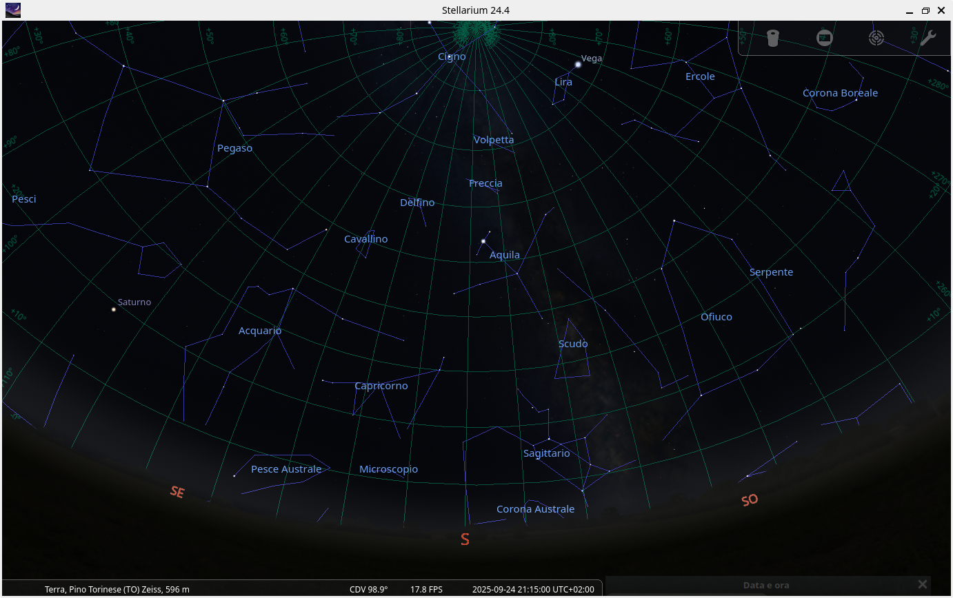 screenshot stellarium del cielo a Pino Torinese il 24 settembre 2025 h 21:15