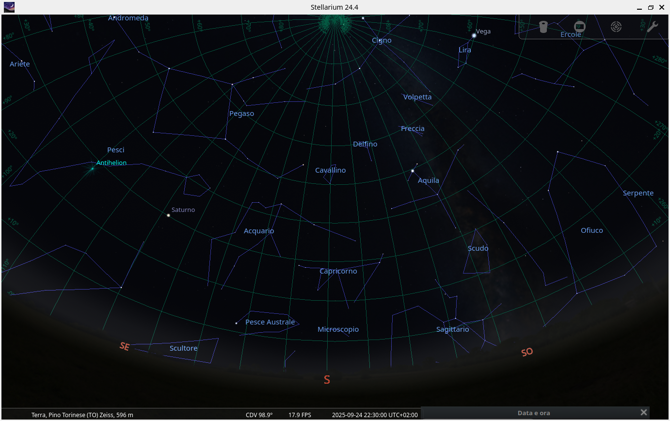 screenshot stellarium del cielo a Pino Torinese il 24 settembre 2025 h 22:30