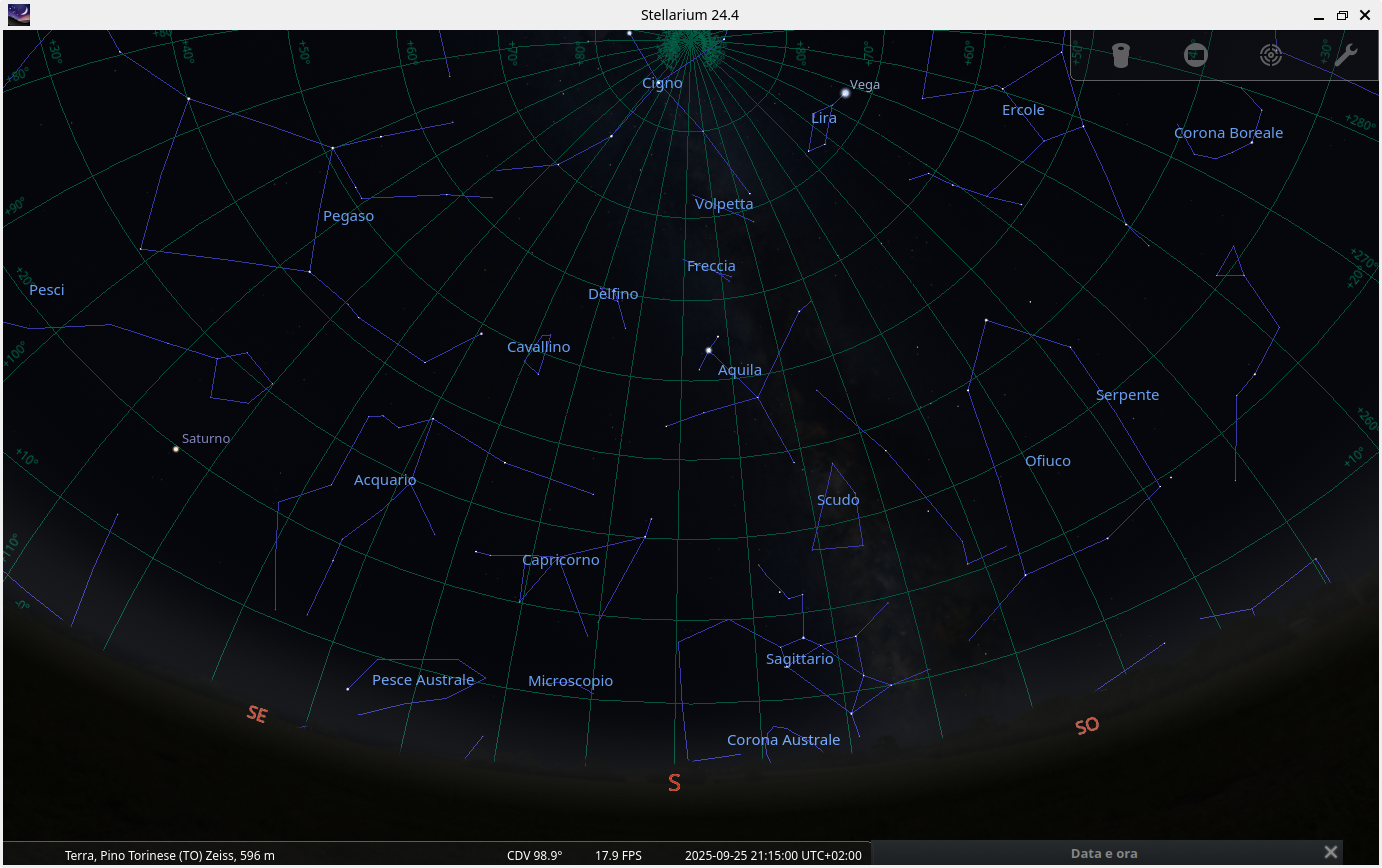 screenshot stellarium del cielo a Pino Torinese il 25 settembre 2025 h 21:15