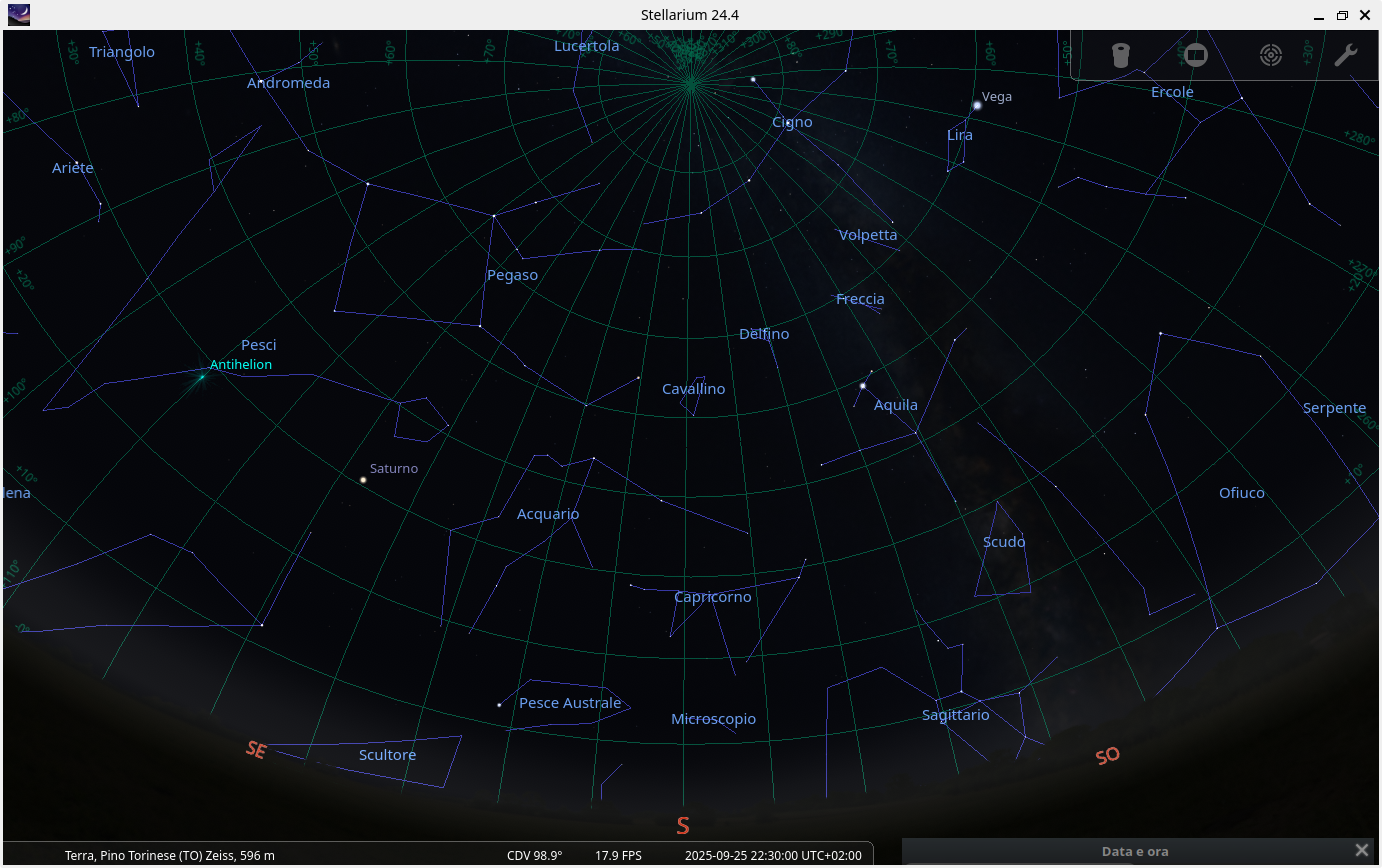 screenshot stellarium del cielo a Pino Torinese il 25 settembre 2025 h 22:30