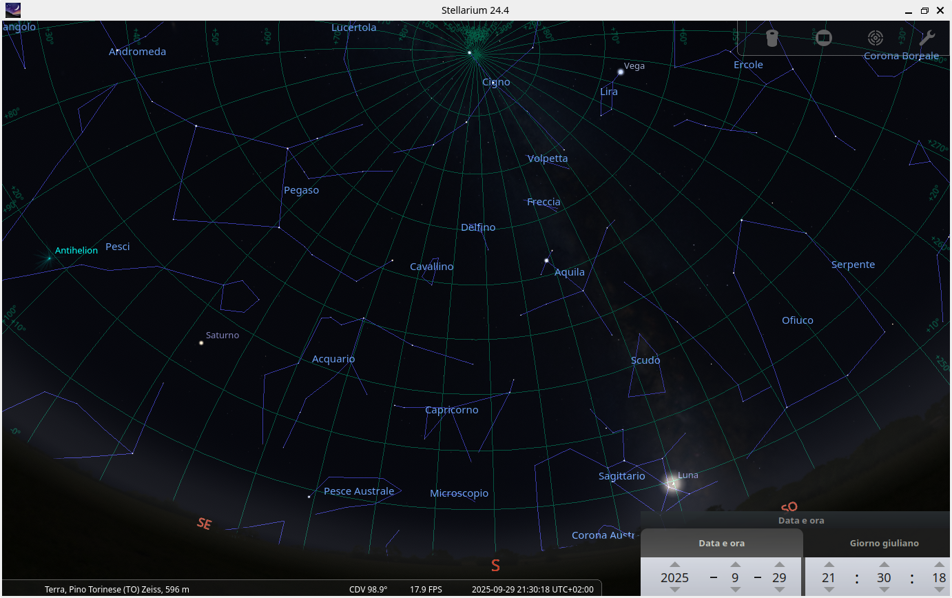 screenshot stellarium del cielo a Pino Torinese il 29 settembre 2025 h 21:30