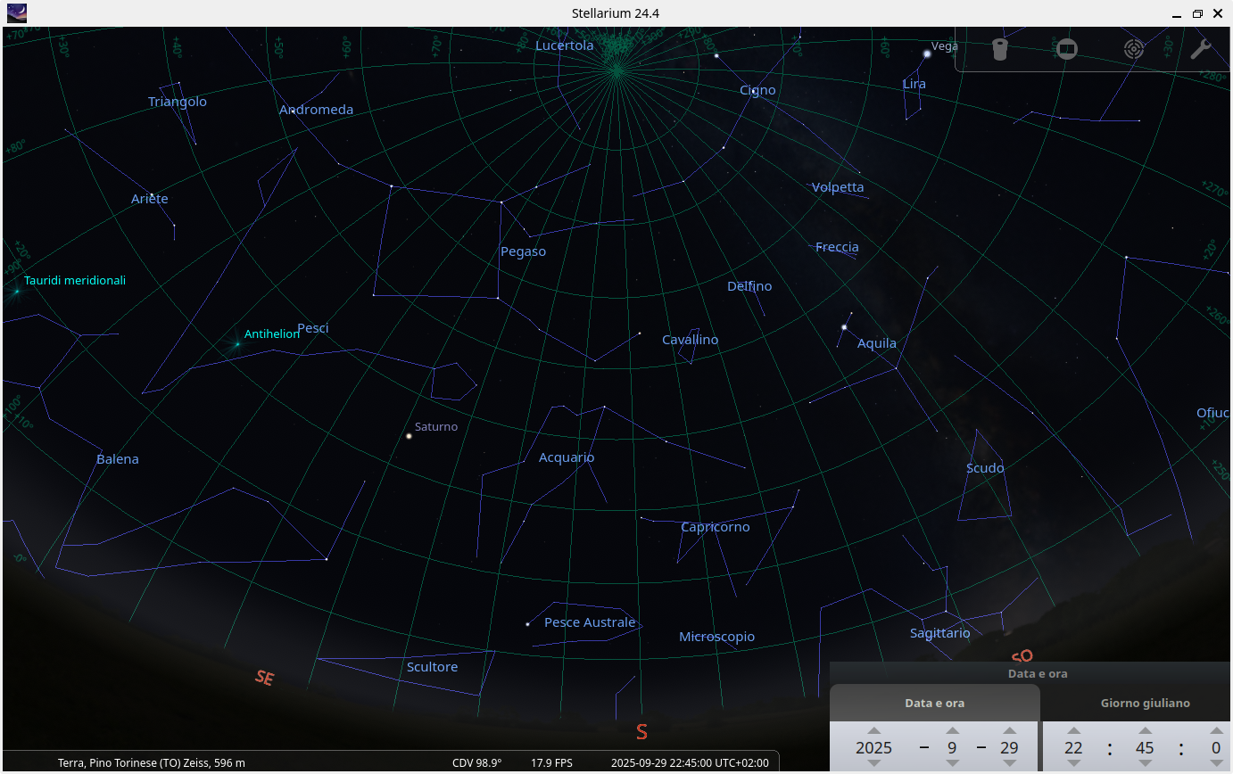 screenshot stellarium del cielo a Pino Torinese il 29 settembre 2025 h 22:45
