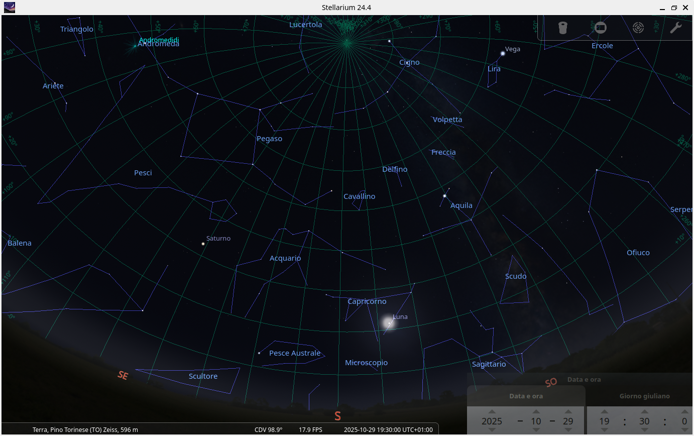 screenshot stellarium del cielo a Pino Torinese il 29 ottobre 2025 h 19:30