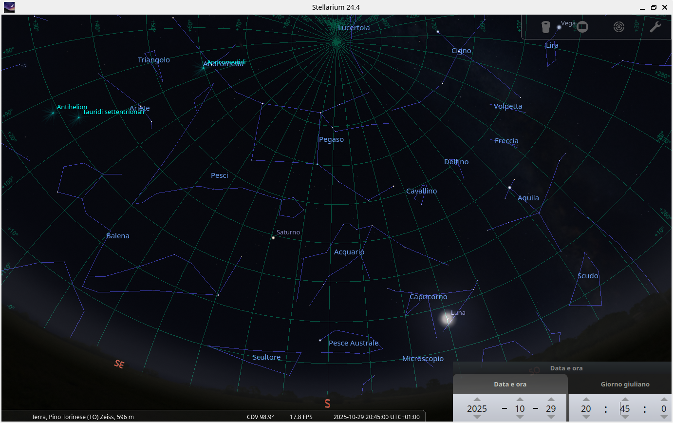 screenshot stellarium del cielo a Pino Torinese il 29 ottobre 2025 h 20:45