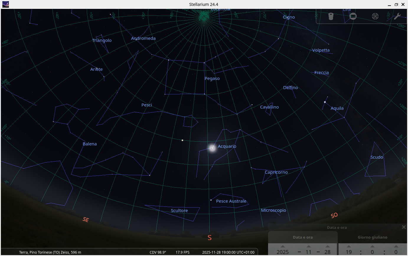 screenshot stellarium del cielo a Pino Torinese il 28 novembre 2025 h 19:00
