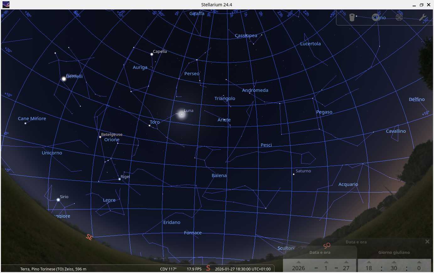 screenshot stellarium del cielo a Pino Torinese il 27 gennaio 2026 h 18:00