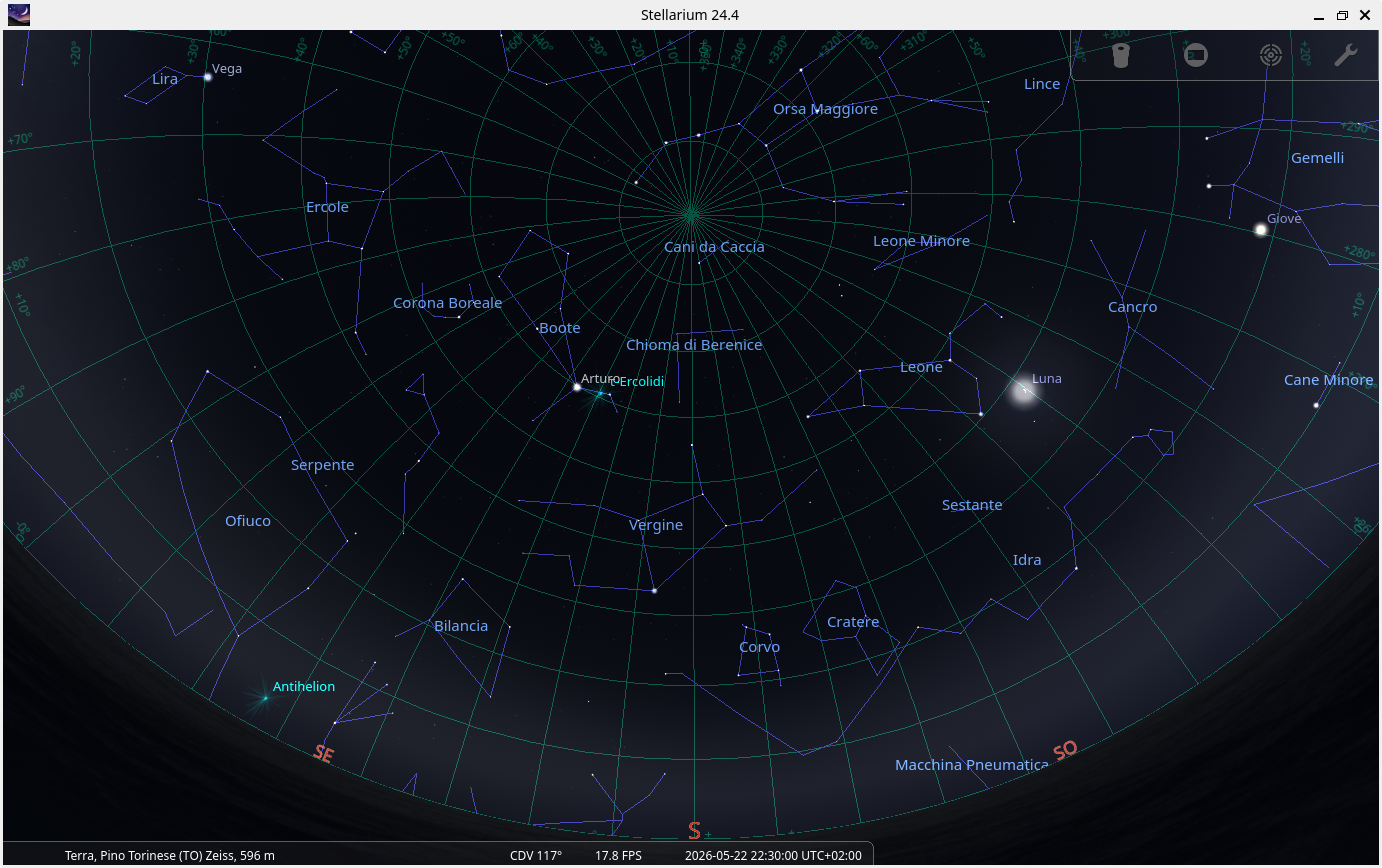 screenshot stellarium del cielo a Pino Torinese il 22 Maggio 2026 h 22:30