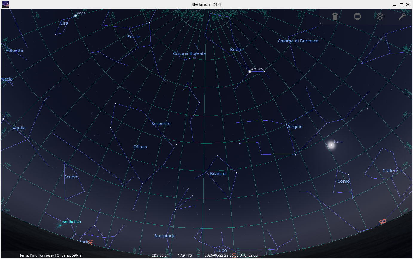 screenshot stellarium del cielo a Pino Torinese il 22 Giugno 2026 h 22:30