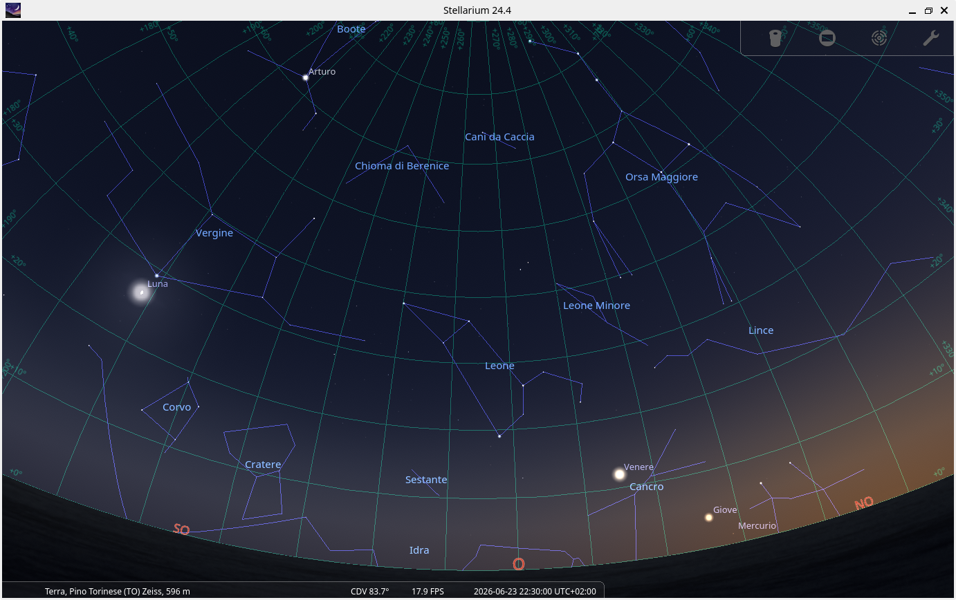 screenshot stellarium del cielo a Pino Torinese il 23 Giugno 2026 h 22:30