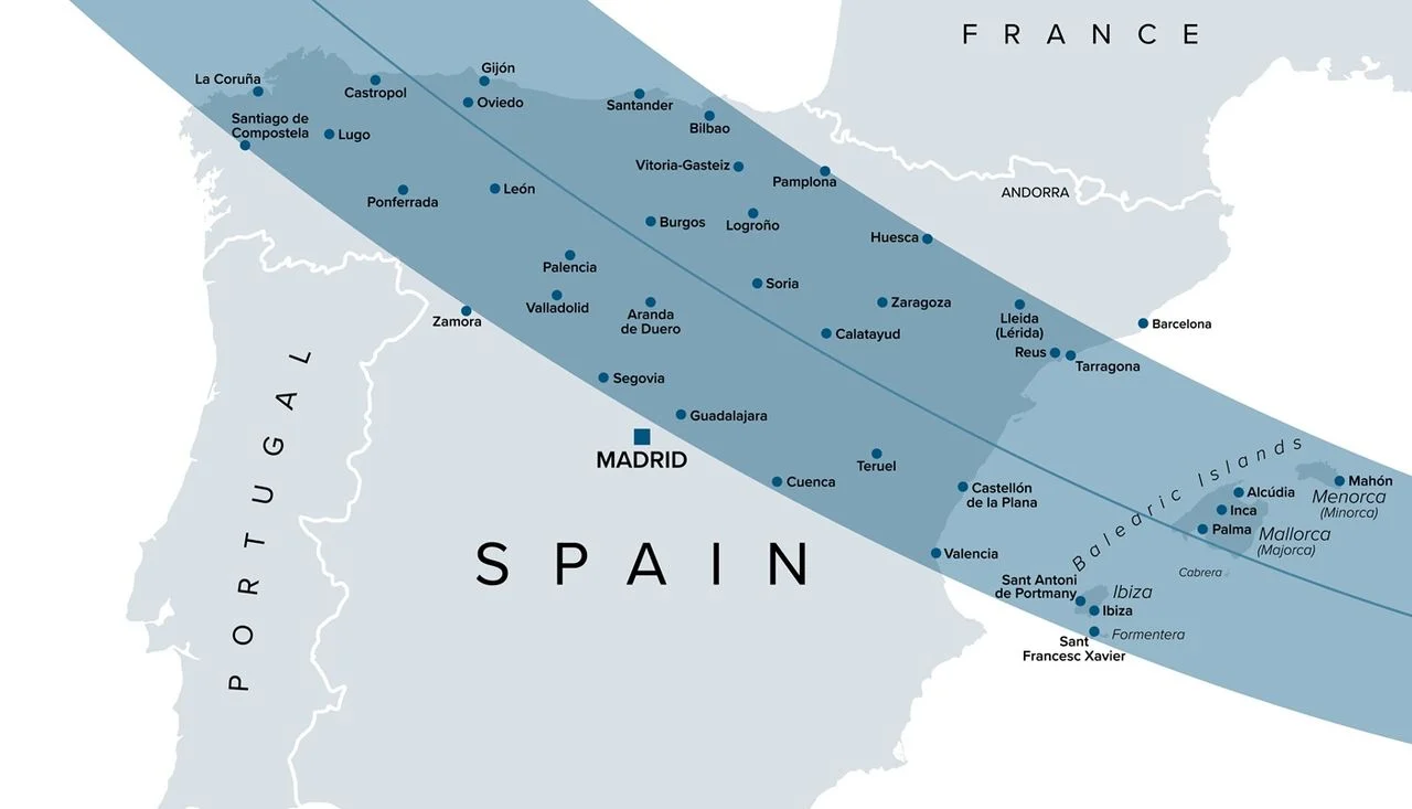 Fascia di totalità Eclisse 2026 in Spagna