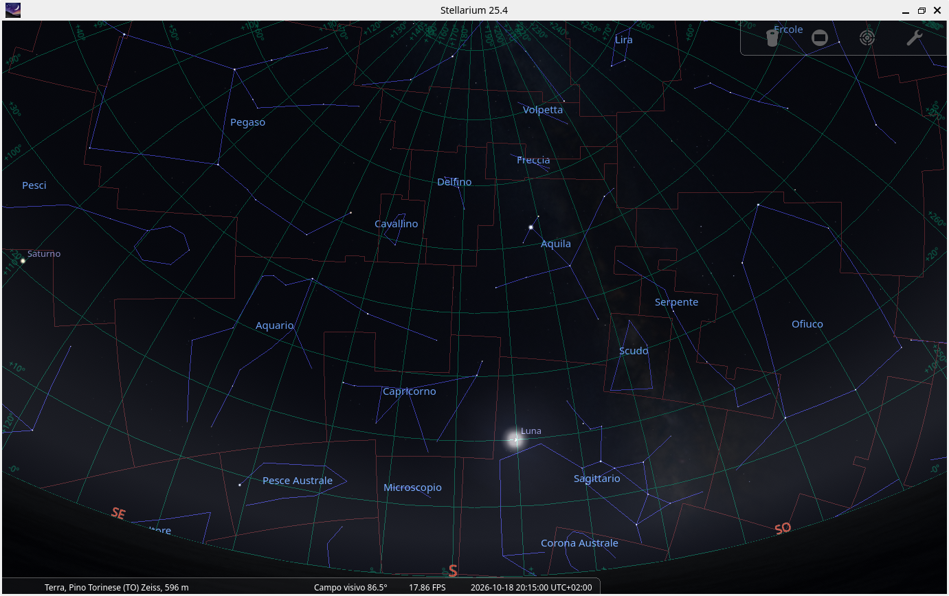 screenshot stellarium del cielo a Pino Torinese il 19 ottobre 2026 h 20:15